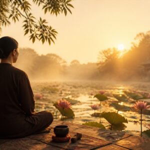 Người ngồi tĩnh tâm bên hồ sen lúc bình minh