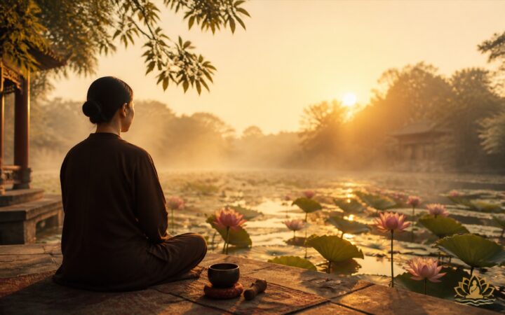 Người ngồi tĩnh tâm bên hồ sen lúc bình minh