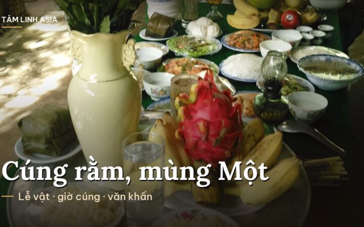 Mâm cúng chay có thanh long, chuối, hoa và nhiều món